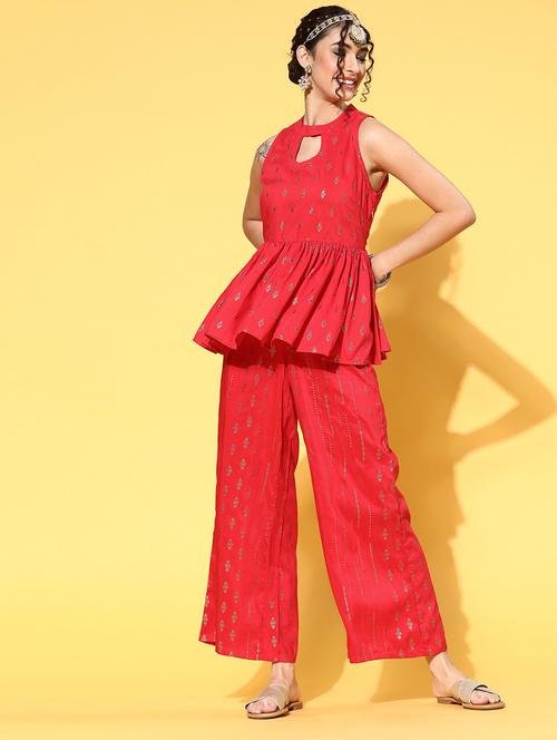 red art silk kurta palazzo  set - 18287889 - Very Small Image - 1