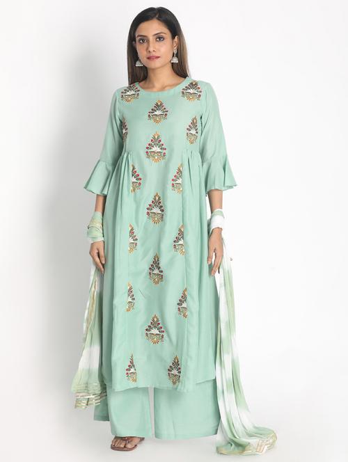 green cotton kurta dupatta  set - 18289487 - Very Small Image - 1