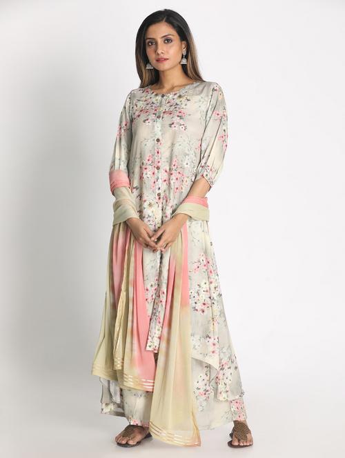 Green Satin Kurta Dupatta Set - 18289490 - Very Small Image - 1