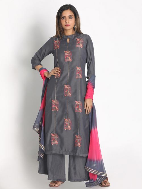 Grey Cotton Kurta Dupatta Set - 18289495 - Very Small Image - 1