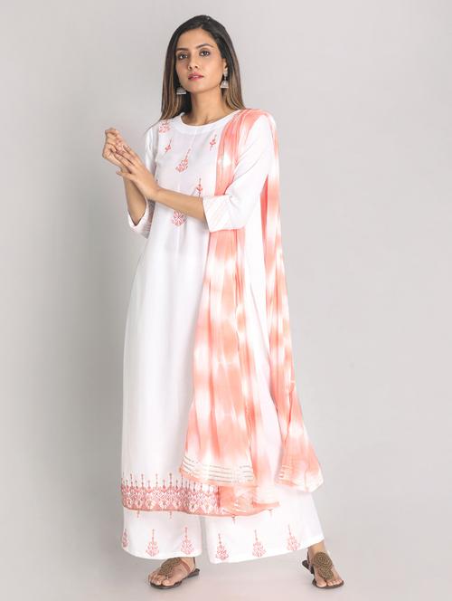 white cotton kurta dupatta  set - 18289497 - Very Small Image - 1