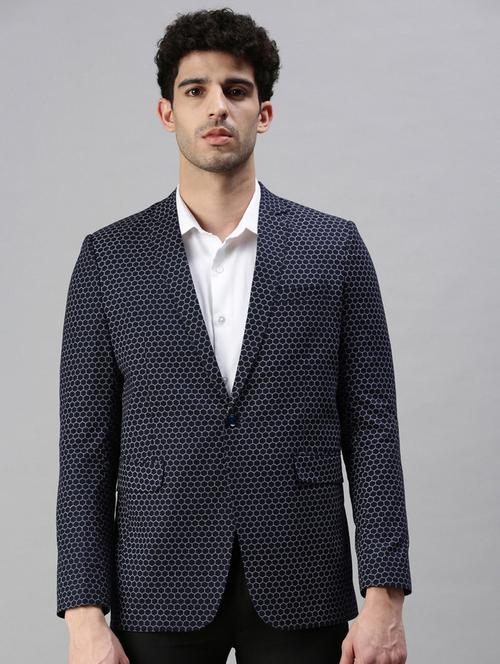 navy blue printed single breasted casual blazer - 18289558 - Very Small Image - 1