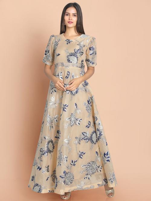 beige printed a-line gown - 18289921 - Very Small Image - 1