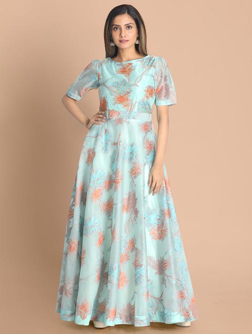 blue printed a-line gown - 18289924 - Very Small Image - 1