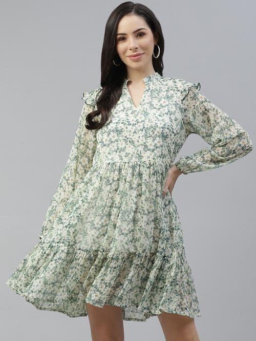 women off white floral printed long sleeve dress - 18290127 - Very Small Image - 1