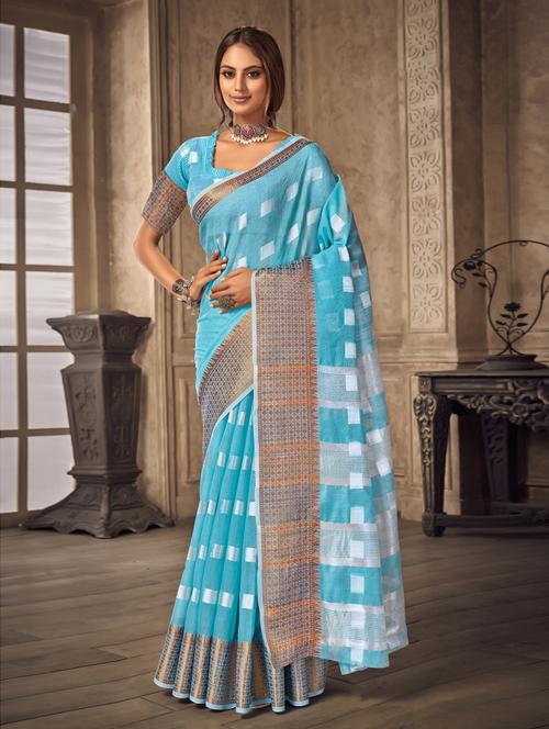 sky blue linen saree - 18290751 - Very Small Image - 1