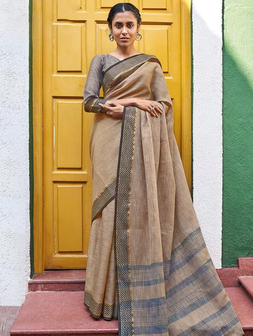 beige linen saree - 18290782 - Very Small Image - 1