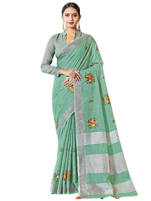 green linen embroidered saree - 18292191 - Very Small Image - 1