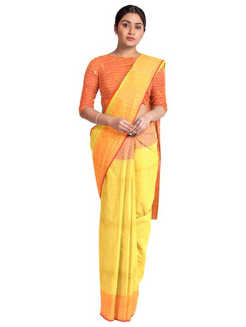 yellow cotton blend handloom saree with blouse - 18294834 - Very Small Image - 1