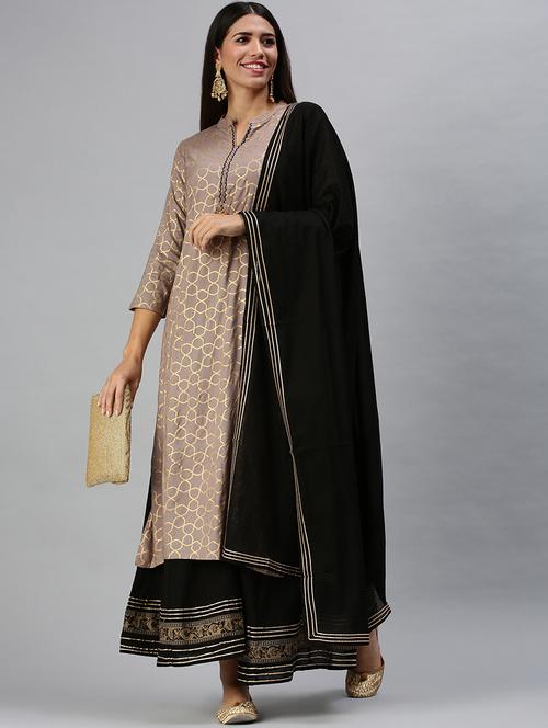 grey cotton blend kurta palazzo  set - 18294882 - Very Small Image - 1
