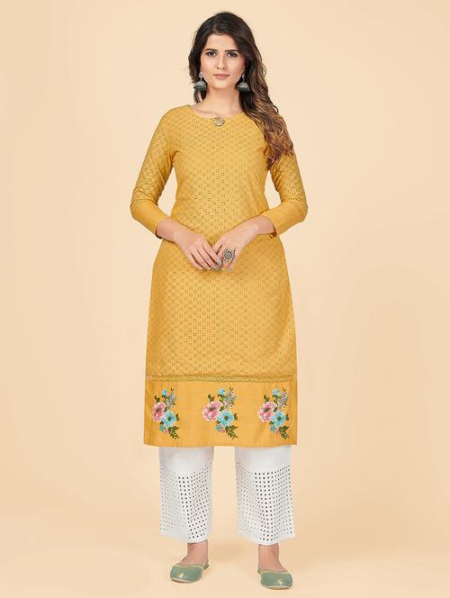 yellow cotton straight kurta - 18298158 - Very Small Image - 1