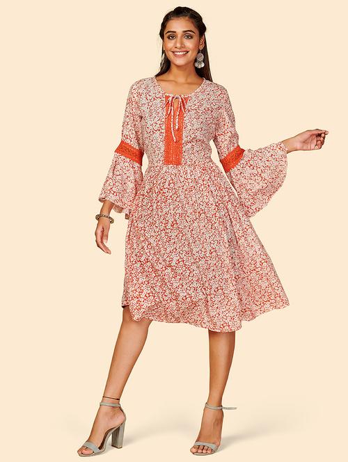 peach printed flared ethnic dress - 18298193 - Very Small Image - 1