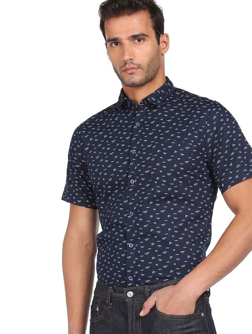 navy-blue printed casual shirt - 18302219 - Very Small Image - 1