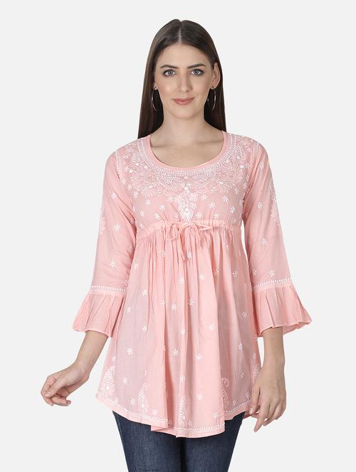 peach chikankari flared kurti - 18303804 - Very Small Image - 1