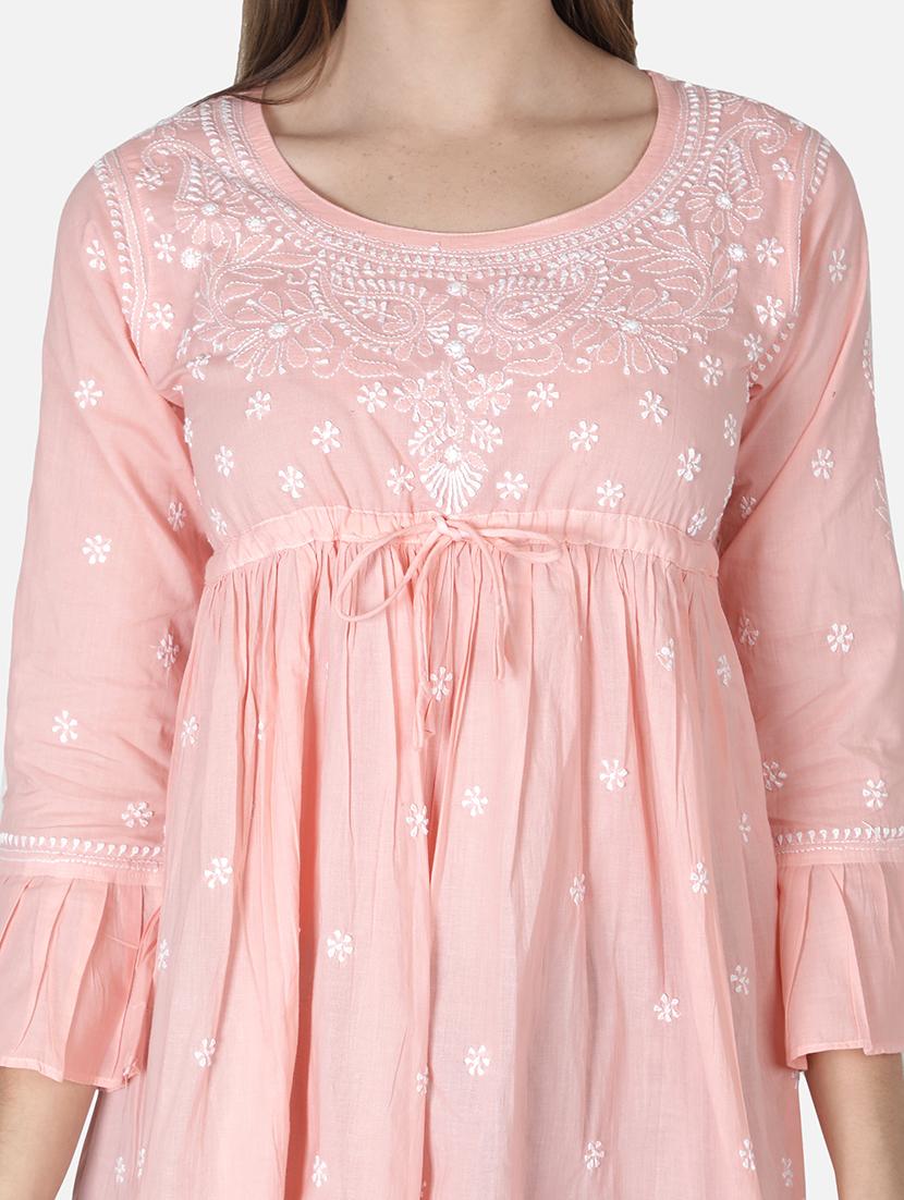 peach chikankari flared kurti - 18303804 - Zoom Image - 6