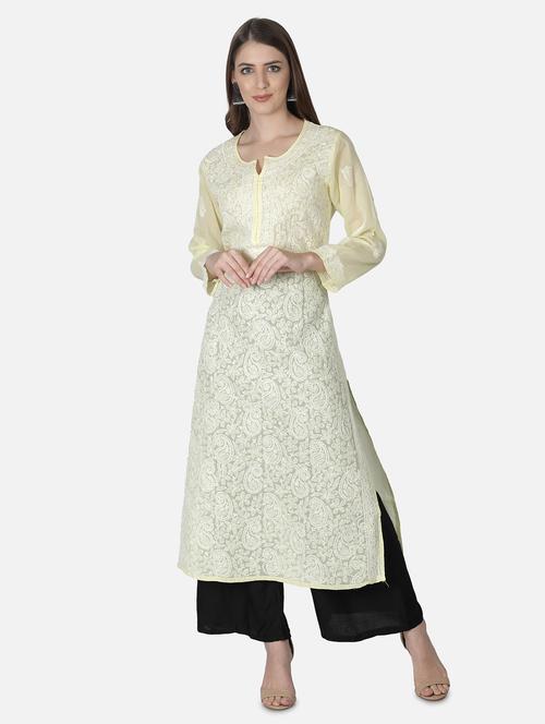 yellow chikankari straight kurta - 18304828 - Very Small Image - 1