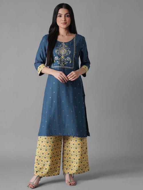 Blue Modal Kurta Palazzo Set - 18308352 - Very Small Image - 1