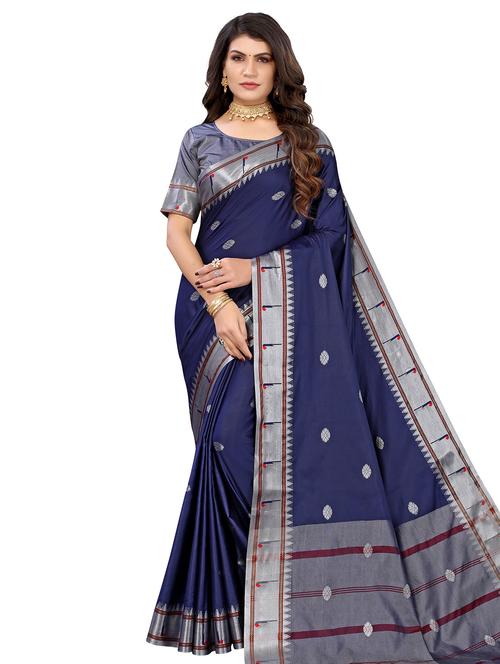 blue cotton kanjivaram saree with blouse - 18310339 - Very Small Image - 1