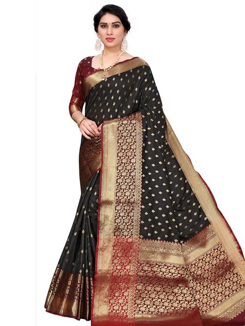 black cotton kanjivaram saree with blouse - 18310342 - Very Small Image - 1