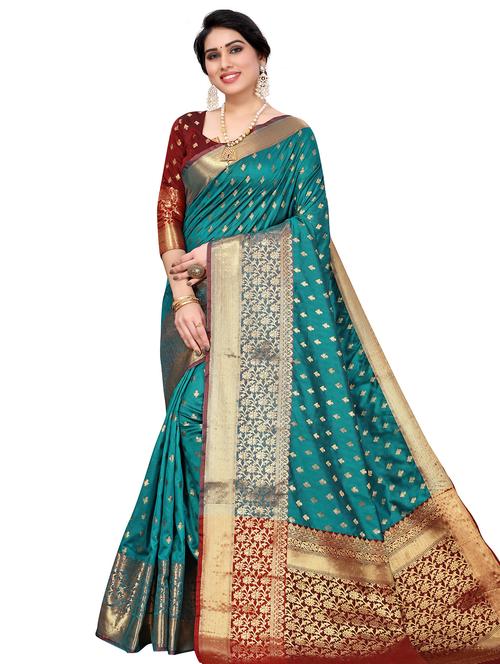 green cotton kanjivaram saree with blouse - 18310344 - Very Small Image - 1