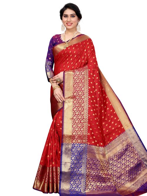 red cotton kanjivaram saree with blouse - 18310345 - Very Small Image - 1