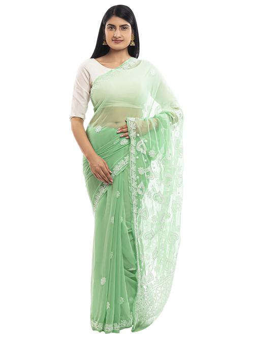 neo mint chikankari saree with blouse - 18312266 - Very Small Image - 1