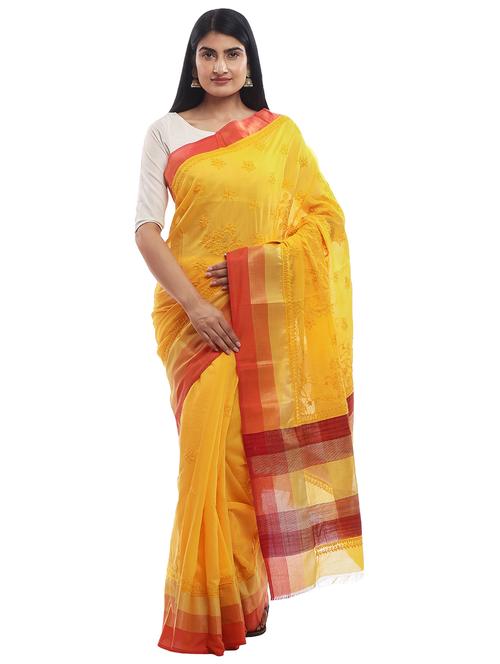 yellow cotton blend saree with blouse - 18312324 - Very Small Image - 1