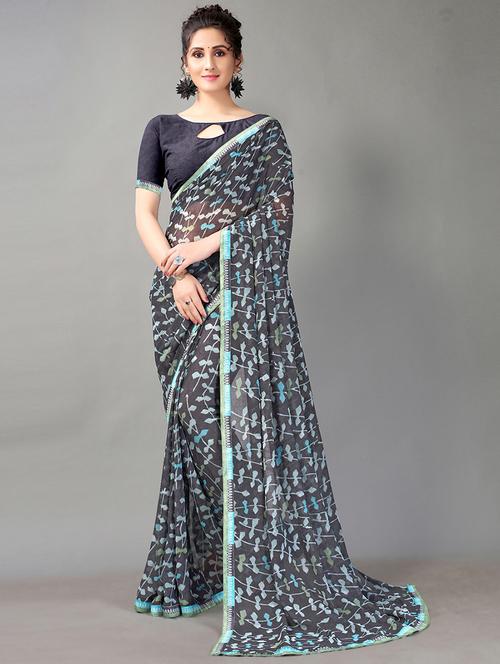 navy georgette printed saree with blouse - 18312618 - Very Small Image - 1