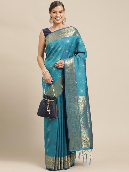 Turquoise Silk Kanjivaram Saree With Blouse - 18312942 - Very Small Image - 1
