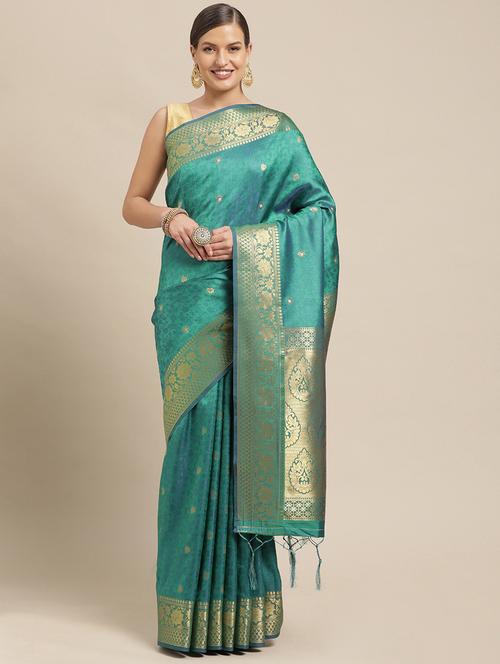 Turquoise Silk Kanjivaram Saree With Blouse - 18312952 - Very Small Image - 1