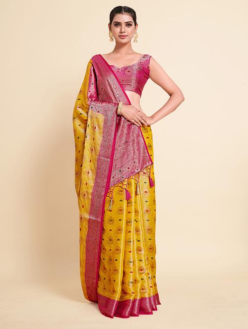 yellow art silk kanjivaram saree with blouse - 18314312 - Very Small Image - 1