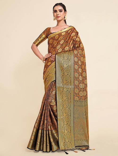 women's self design mustard colored saree with blouse - 18314326 - Very Small Image - 1