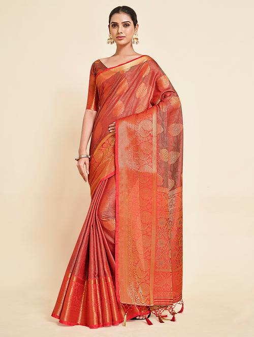 women's self design peach colored saree with blouse - 18314331 - Very Small Image - 1