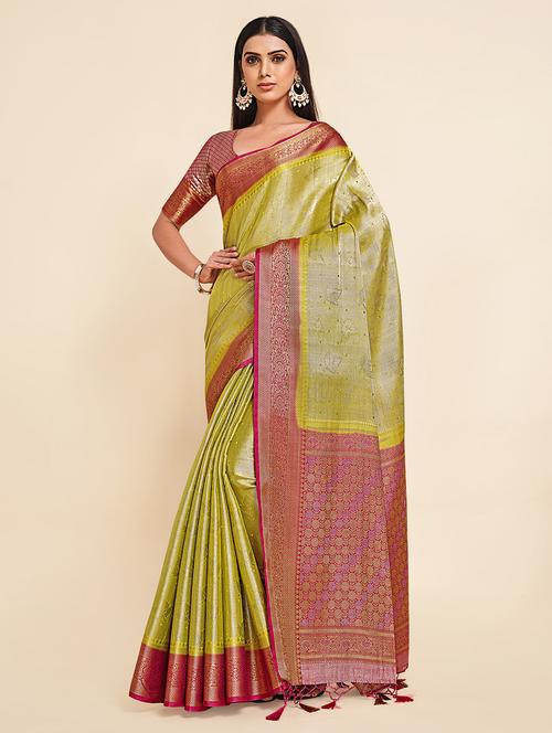women's self design lime colored saree with blouse - 18314405 - Very Small Image - 1