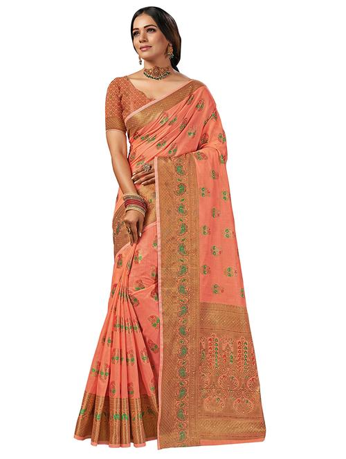 peach cotton embroidered saree - 18315349 - Very Small Image - 1