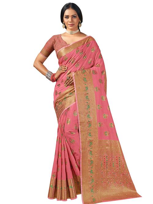 pink cotton embroidered saree - 18315352 - Very Small Image - 1