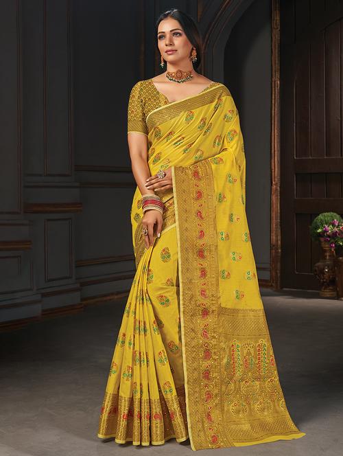 yellow cotton embroidered saree - 18315354 - Very Small Image - 1