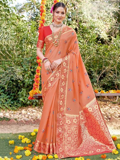 women's floral peach colored saree with blouse - 18315365 - Very Small Image - 1