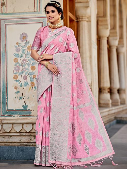 pink linen saree with blouse - 18315376 - Very Small Image - 1