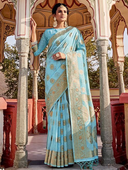 women's self design light blue colored saree with blouse - 18315383 - Very Small Image - 1