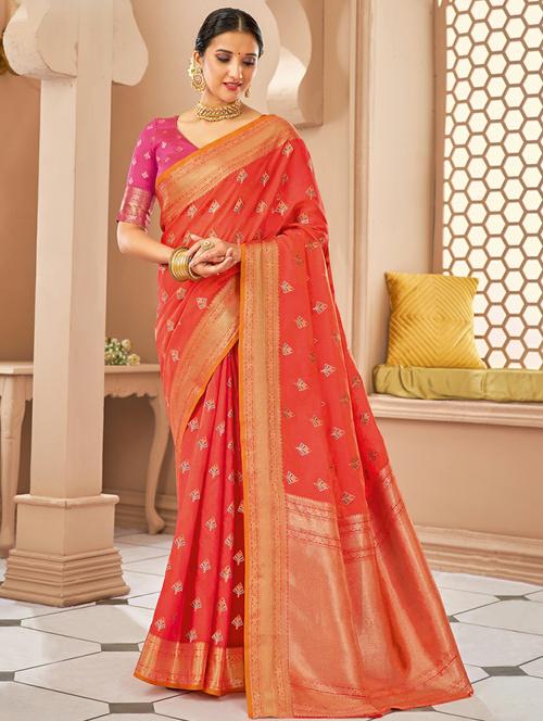 peach silk saree with blouse - 18315390 - Very Small Image - 1