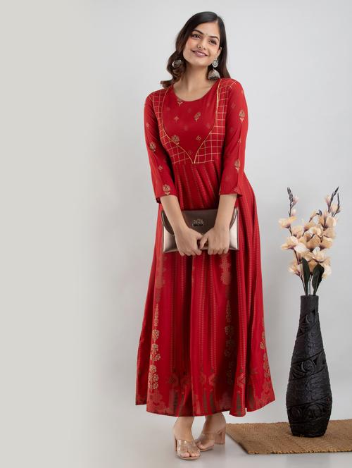 red printed anarkali kurta - 18316225 - Very Small Image - 1
