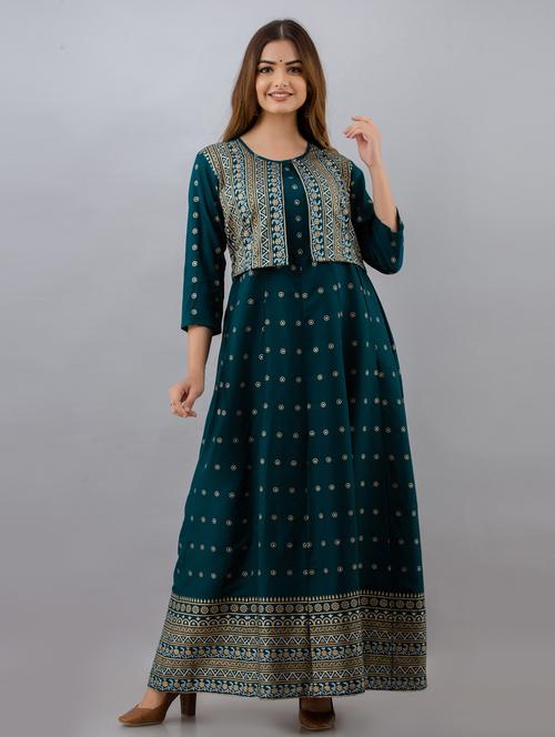 blue printed flared kurta - 18316230 - Very Small Image - 1