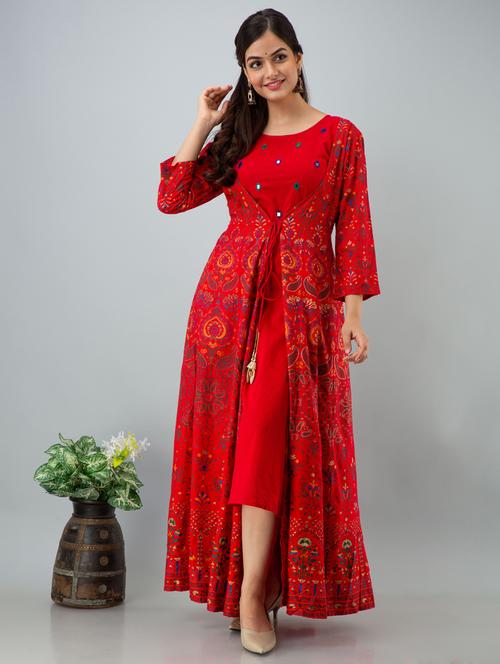 red printed anarkali kurta - 18316233 - Very Small Image - 1