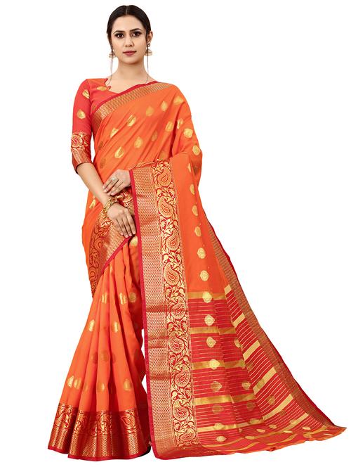 orange cotton blend saree with blouse - 18316430 - Very Small Image - 1