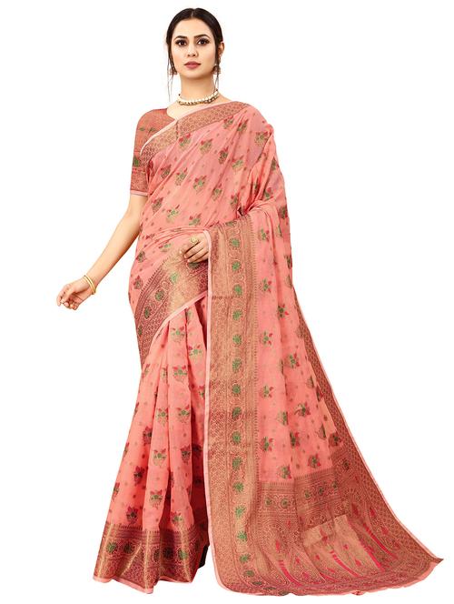 peach cotton blend saree with blouse - 18316436 - Very Small Image - 1
