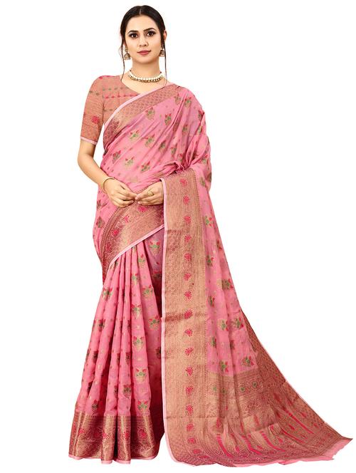 pink cotton blend saree with blouse - 18316437 - Very Small Image - 1