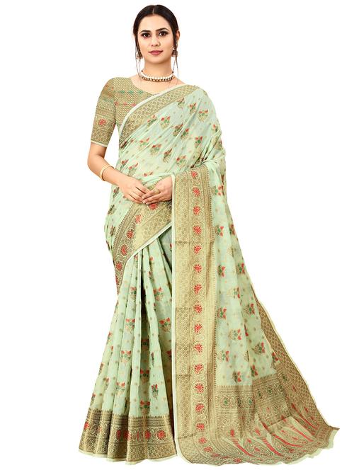green cotton blend saree with blouse - 18316438 - Very Small Image - 1