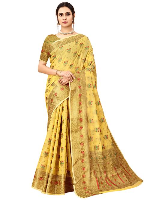 yellow cotton blend saree with blouse - 18316440 - Very Small Image - 1