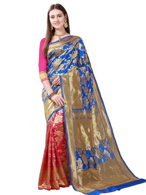 jacquard work half & half saree  with blouse - 18316534 - Very Small Image - 1